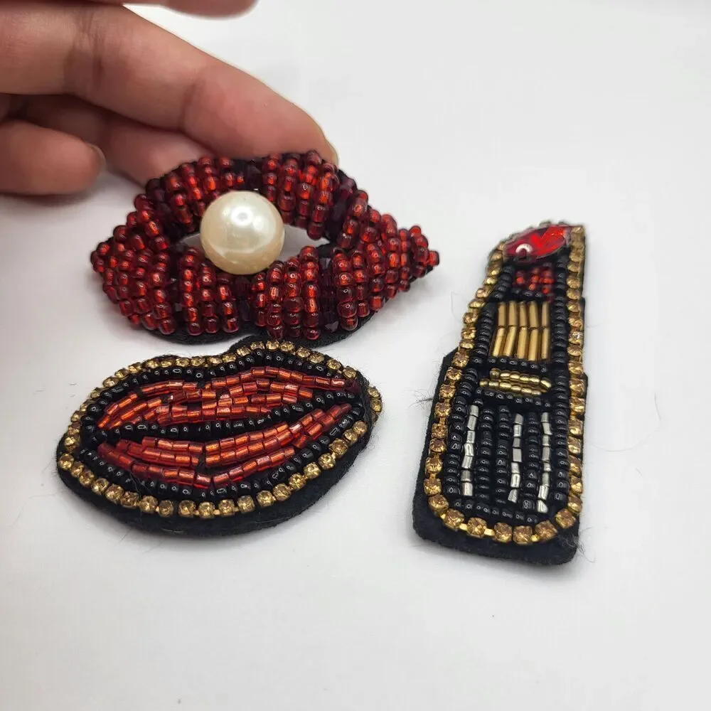 3 Pcs Beaded Lip and Lipstick Appliques 2.5in ish